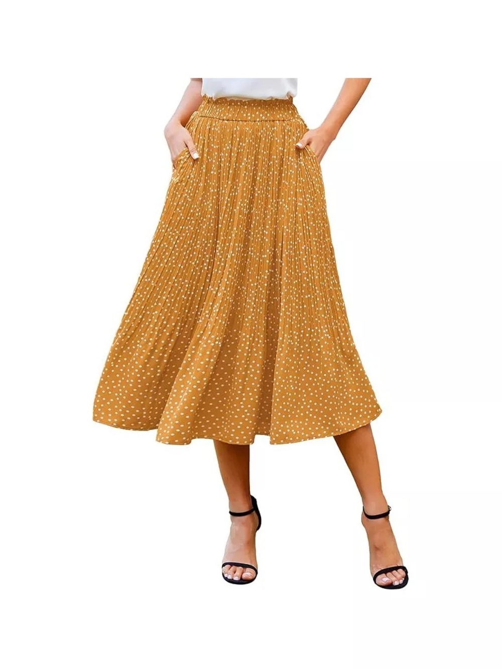 Women's Mustard Polka Dot Midi Skirt with Pleated Silhouette